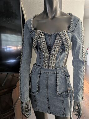 Embellished Denim Mini Dress - Blue